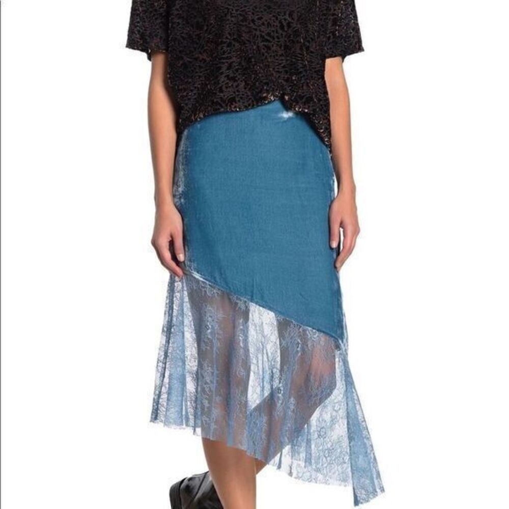 FREE PEOPLE NWT Velvet Blue High-low Lace Trim Skirt  US 6